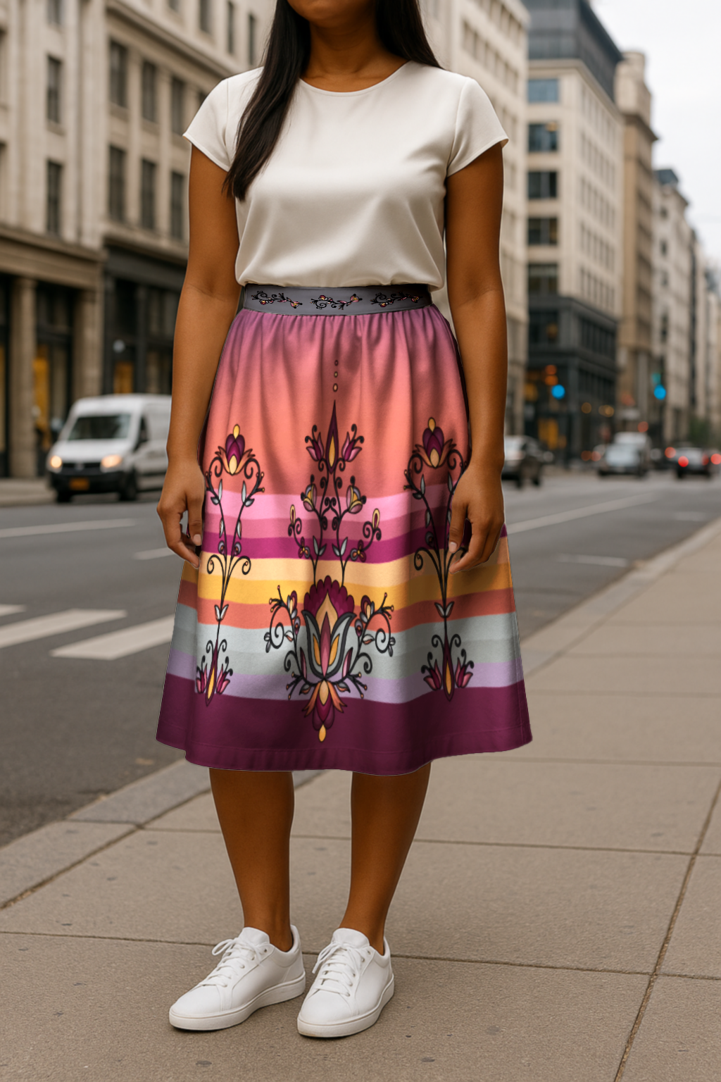 Crimson Drift Petals Midi Skirt