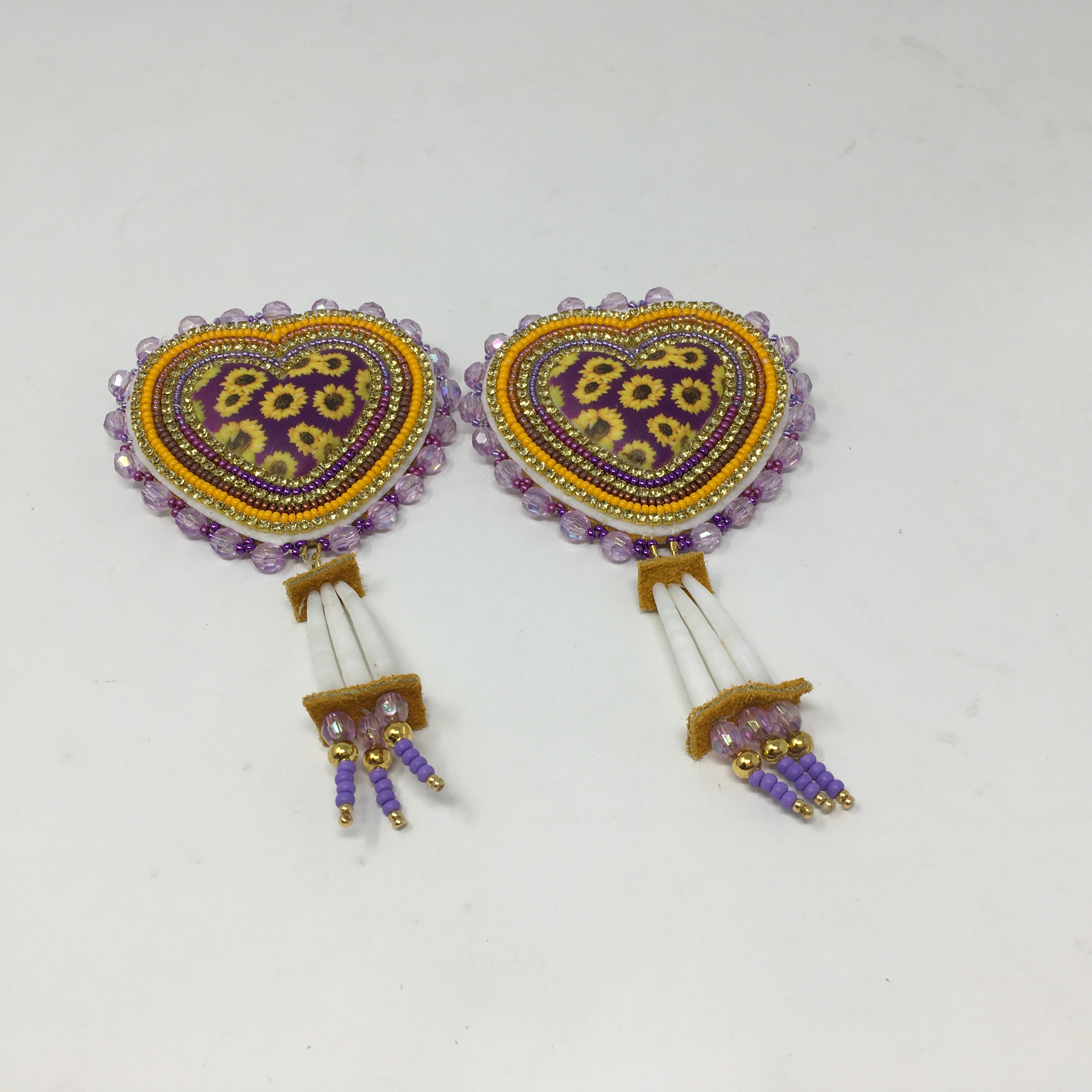 Meg Sheridan Sunflower Purple Hearts w/ Dentalium Earrings