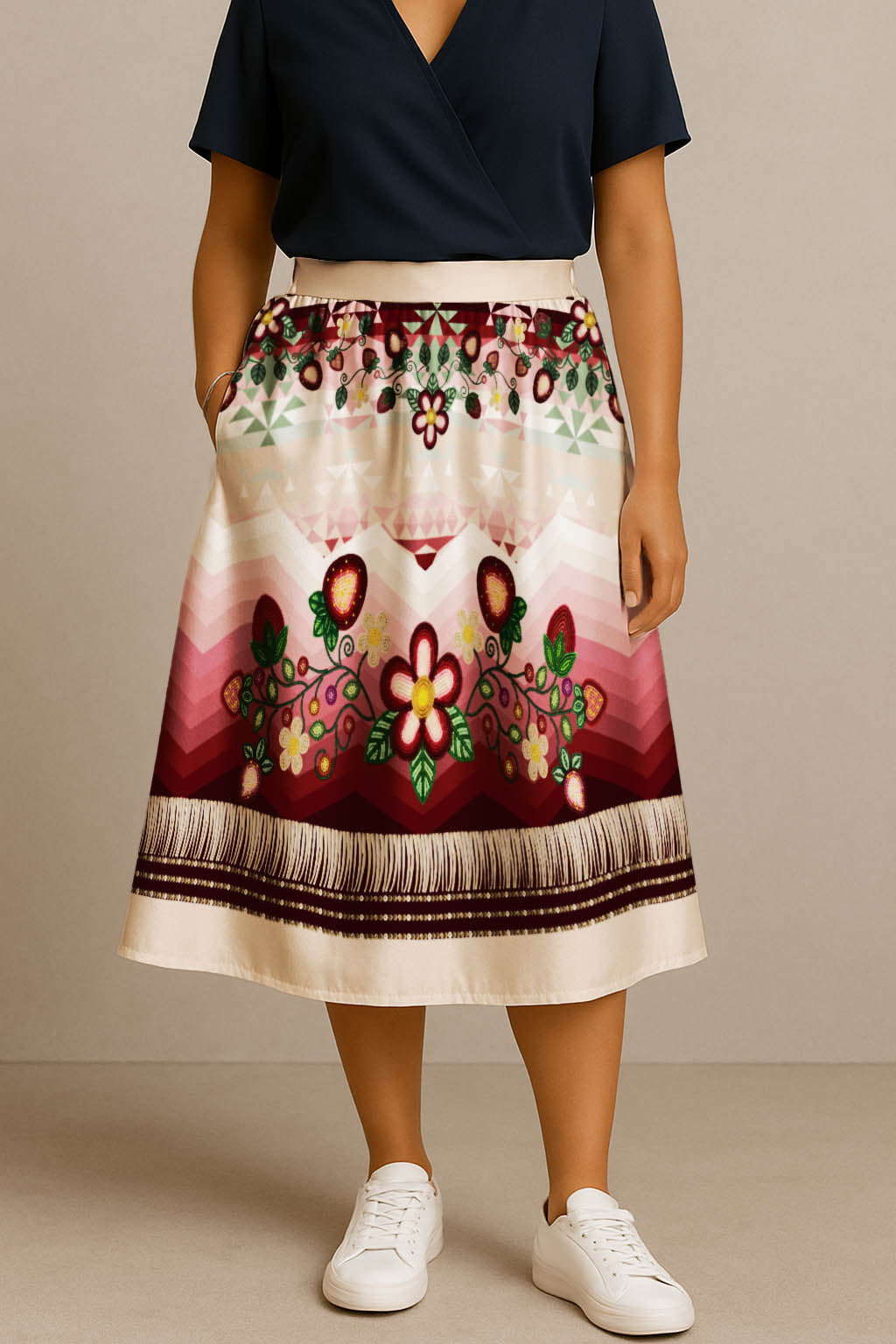 Sacred Strawberry Cream 1 Elastic Waist Pocket Midi Skirt